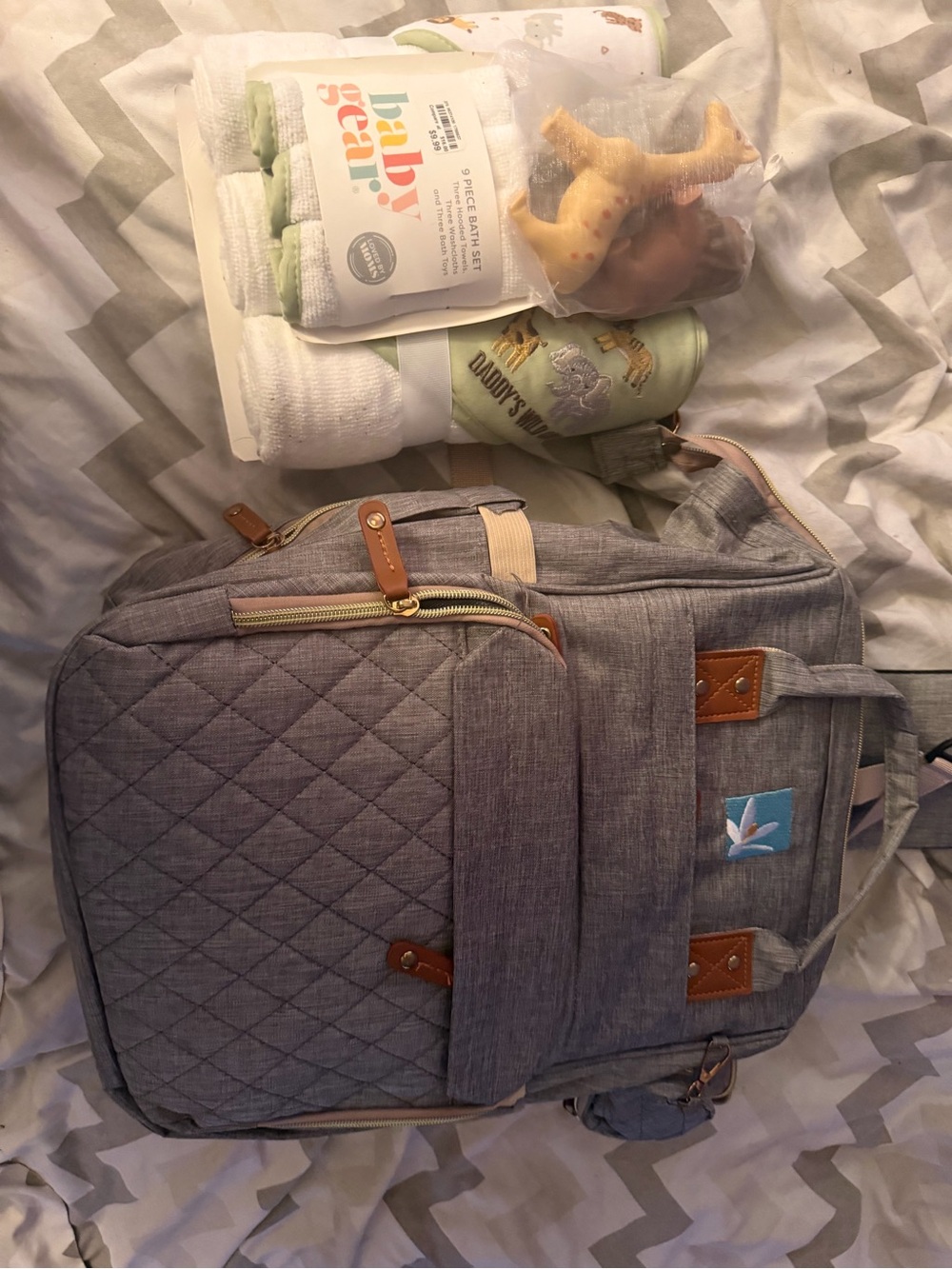 Gray Quilted Backpack Diaper Bag with Leather Accents and 9 piece bath set